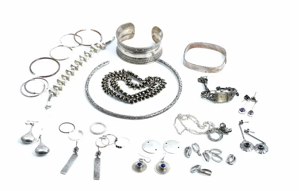 Mostly silver jewellery, comprising; a rigid collar necklace, a Rotary marcasite set ladies bracelet wristwatch, a bracelet, a pendant necklace, a rec