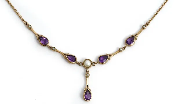 A 9ct gold, amethyst and cultured pearl necklace, the front collet set with five pear shaped amethysts, a central cultured pearl and further set with