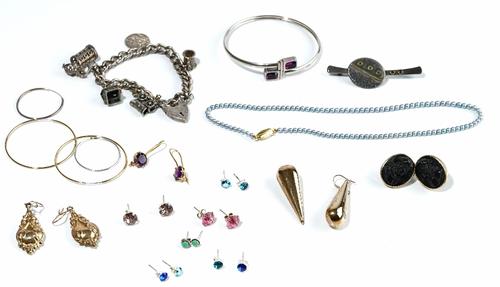 A pair of amethyst single stone earrings, a pair of black cameo earrings, the backs with screw fittings, ten further pairs of earrings, a silver curb