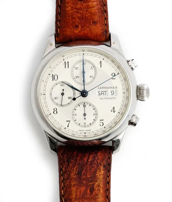 A Longines Automatic steel cased Weems Chronograph Swiss Air Exclusive No 2 wristwatch, the signed movement visible through the mineral glass caseback