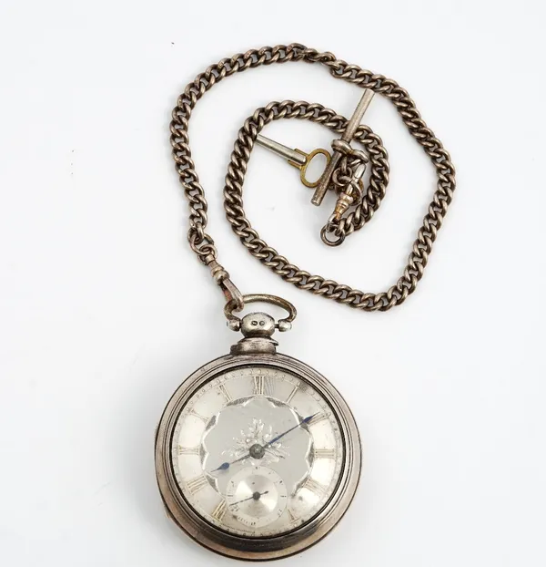 A Victorian pear cased silver pocket watch; the engine turned silver dial, with Roman numerals and subsidiary seconds dial, Birmingham 1864, with a si