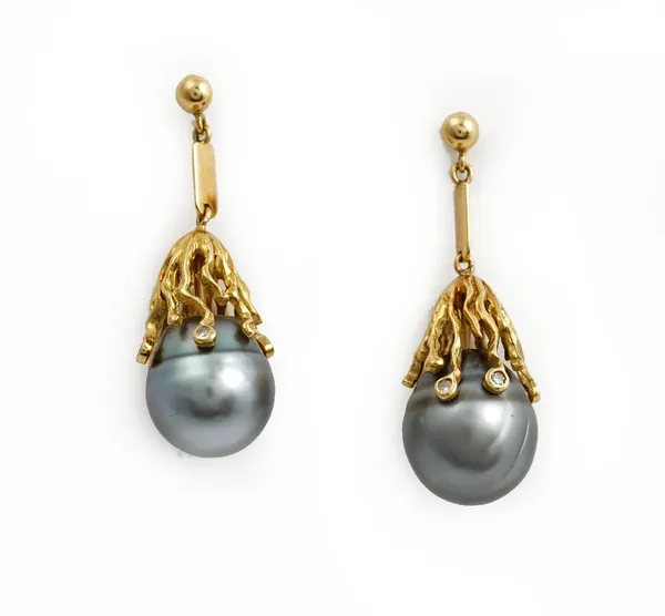 A pair of 18ct gold, cultured pearl and diamond set pendant earrings, each mounted with a grey tinted freshwater cultured pearl to the drop, the diamo