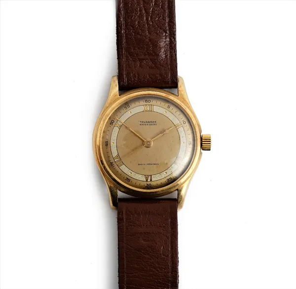 A Tavannes Watersport gold circular cased gentleman's wristwatch, circa 1940s, the signed two tone dial with gilt Roman hour numerals and with black A