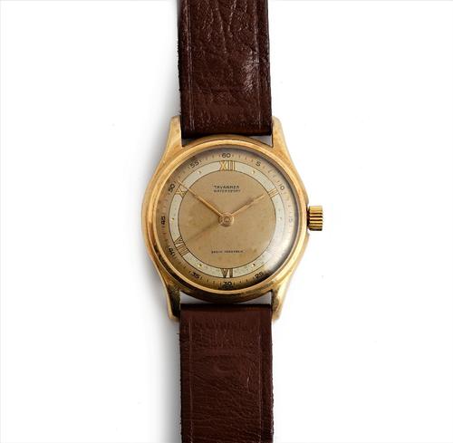 A Tavannes Watersport gold circular cased gentleman's wristwatch, circa 1940s, the signed two tone dial with gilt Roman hour numerals and with black A
