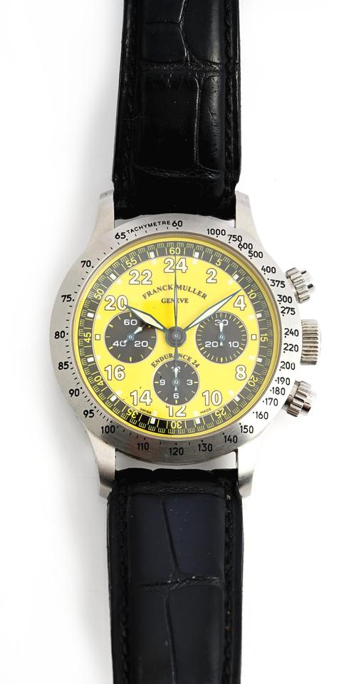 A Franck Muller, Geneve Endurance 24 steel cased limited edition gentleman's chronograph wristwatch, the signed yellow and black dial with Arabic nume