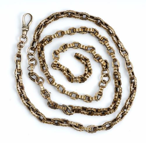 A gold decorated oval link neckchain, detailed 9C fitted with a gold swivel detailed 9C, as converted from a long guard chain, with associated links a