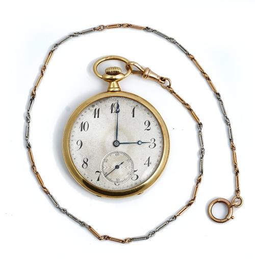 An 18ct gold cased, keyless wind, openfaced dress watch, with an unsigned jewelled lever movement, detailed Swiss Made, 18ct gold inner case, the silv