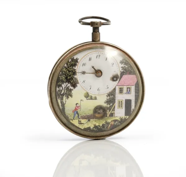 A French silver cased consular pocket watch, with automaton, circa 1795, the dial with off-set chapter ring and decorated with a mill house and figure