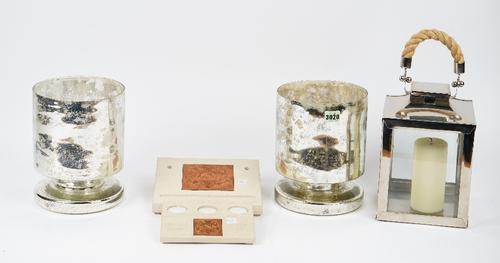 A pair of West Elm cylindrical mercurial glass candle holders, a lantern and other items (qty).24cm high x 19cm wide