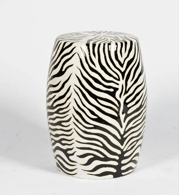 A contemporary ceramic barrel shape garden seat, imitating zebra skin, 31cm wide x 48cm high.