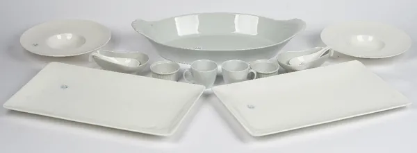 A I. Patrizi large white circular dish, Queensbury Hunt for John Lewis, a set of square bone china dinner plates, a set of a table circular dishes and