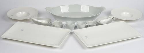 A I. Patrizi large white circular dish, Queensbury Hunt for John Lewis, a set of square bone china dinner plates, a set of a table circular dishes and