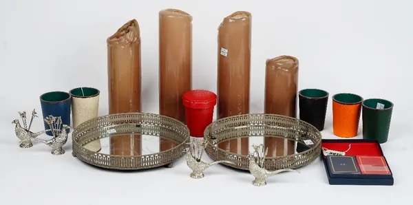 A set of 'The Hand Picked Collection' leather dice shakers and dice, a set of The English Room playing cards, two mirrored trays and other items (qty)