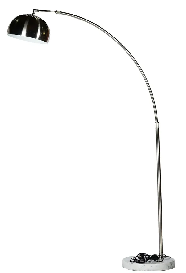 A stainless steel curved floor standing lamp, on a circular white and grey marble base. Approx 220cm high