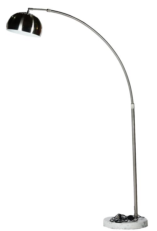 A stainless steel curved floor standing lamp, on a circular white and grey marble base. Approx 220cm high