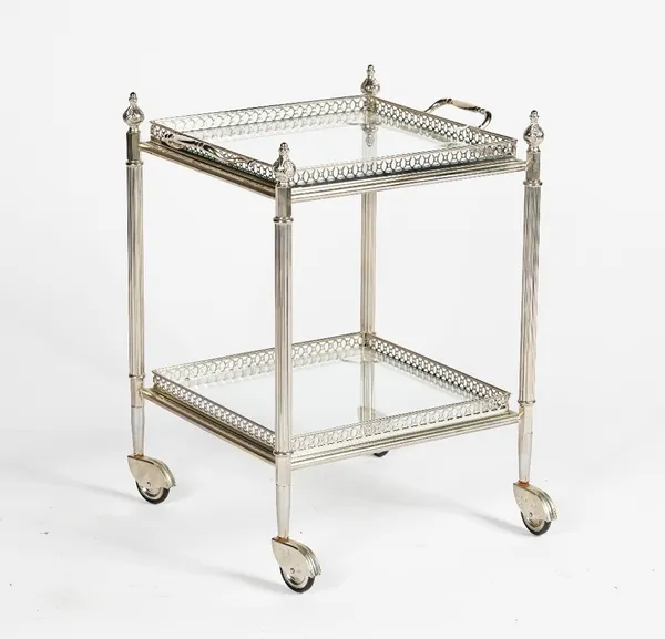 A silvered metal two-tier drinks trolley, with glass based lift-off tray and undertier, 43cm wide x 43 deep x 52cm high.