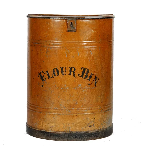 A tole peinte flour bin, 19th century, with hinged top, stenciled in black 'Flour Bin', 58cm wide x 77cm high.