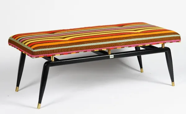 A mid century ebonised bench, with rectangular seat upholstered in bright multicoloured striped fabric, 125cm wide x 45cm high.