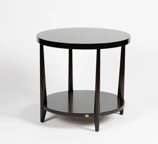 A John Widdicomb circular two-tier mahogany side table, with a rich espresso finish, 61cm wide.