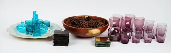 A contemporary wooden fruit bowl, amethyst glass tumblers, eight pieces of turquoise glass and other items (qty).