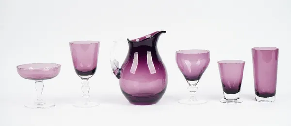 A suite of William Yeoward amethyst coloured glassware for six persons, the wine glasses only five, the short water glasses only five, in five graduat