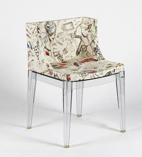A Madamoiselle chair by Kartell, with clear lucite frame, upholstered in Moschino fabric, 52cm wide x 75cm high.