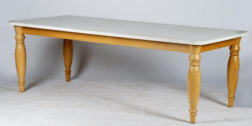 A contemporary kitchen table, with white painted rectangular top, on turned oak legs, 231cm wide x 75cm high.