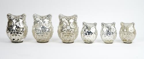 A collection of six mercurial glass figures of owls, and a Robinson vase by Astier de Villatte, Paris (7).Vase: 19cm high x 14cm wide