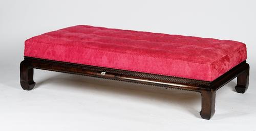 An oversized Harlequin ottoman, the dark chocolate brown finished base in Chinese style, with button-down upholstered fabric seat, 166cm wide x 87cm h