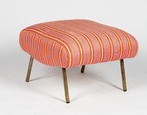 A vintage Zanuso footstool, with tubular metal frame, upholstered in pink, orange and cream woven stripe fabric, 60cm wide x 41cm deep.