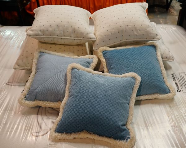 A group of cushions including four in white ribbed material and three in blue with a white border (7).