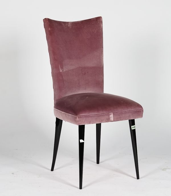 A vanity chair with black high gloss round tapering legs, upholstered in lilac velvet, the corsetted back in black satin ribbon, 46cm wide x 95cm high