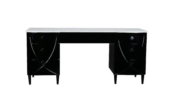 A black high gloss dressing table, with white onyx marble top, the bowfronted ends each fitted with three pedestal drawers, 175cm wide x 81cm high.