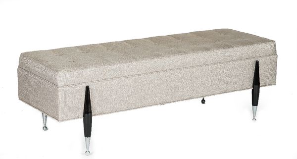 A Ponti bench, the ebonised legs with nickel detail, button-down upholstered in pale grey linen, 138cm wide x 46cm high.