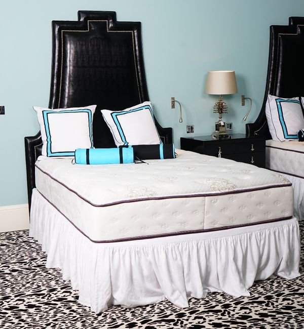 A Queen size Beautyrest double bed, with faux python glossy black headboard, 160cm wide x 220cm high, with a Beautyrest mattress.