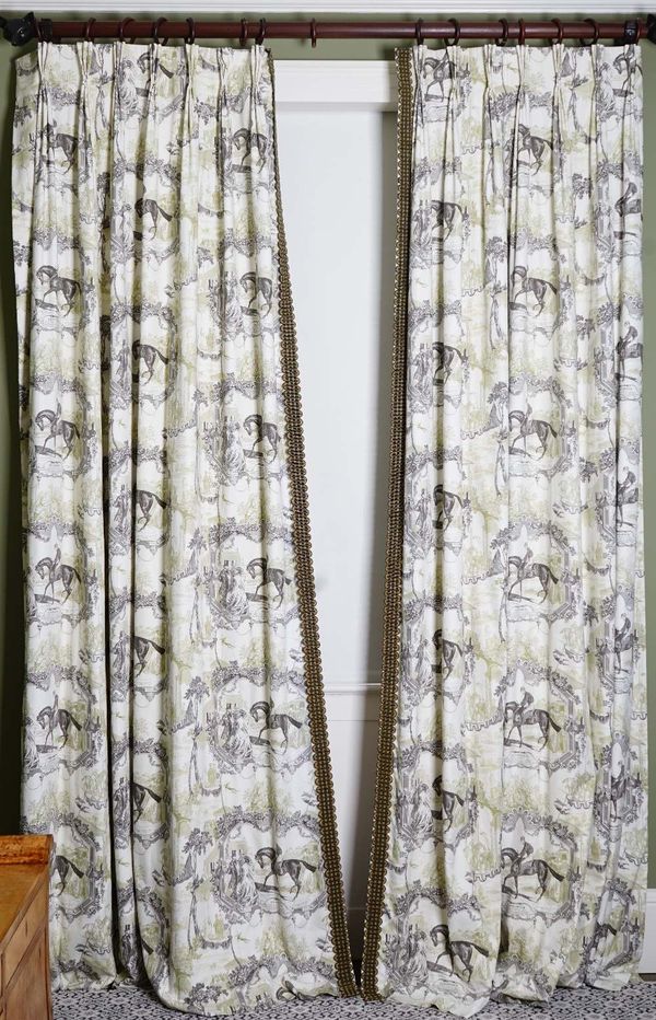 A pair of toile de jouy curtains, printed with vintage horse racing 'Gladiator' scenes. 90cm wide x 295cm long.