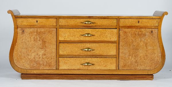 An Italian burr maple and banded veneered chest, fitted with six drawers and a pair of cupboards with curved ends, 169cm wide x 75cm high.