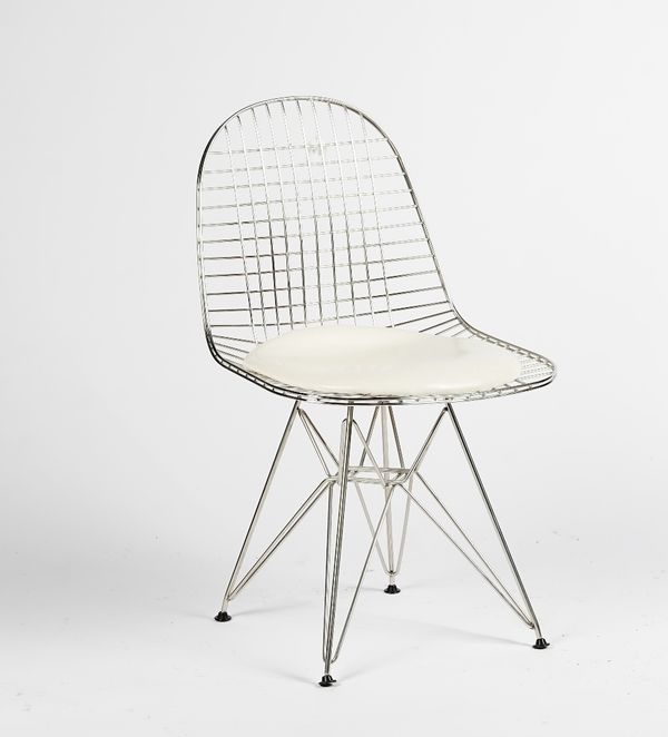 A wire-work basket chair, with white leather seat, 48cm wide x 82cm high.