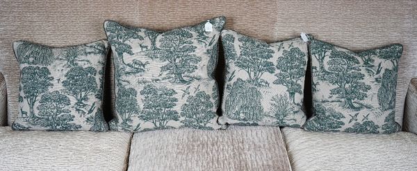 Four cushions with toile de jouy landscape patterns (4).