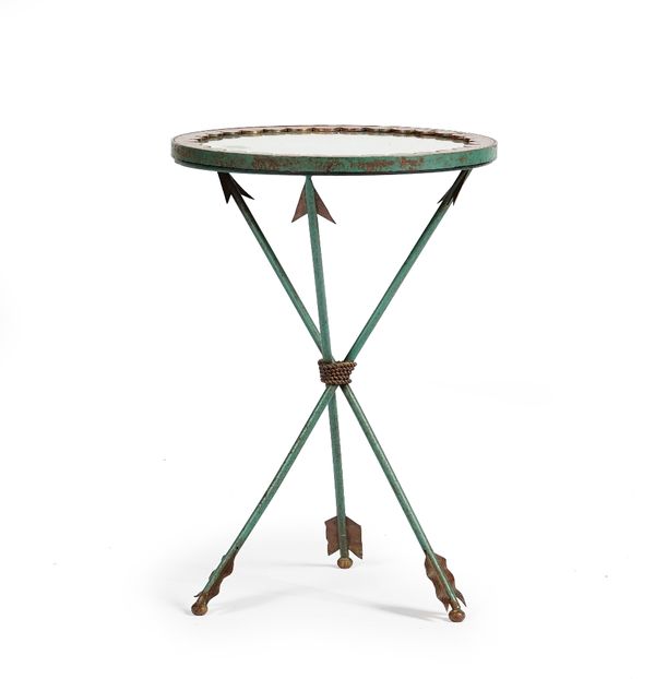 A painted metal frame low table, with circular mirrored top, on rope tied arrow supports, 36cm diameter x 50cm high.