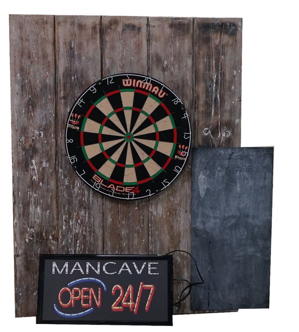 A 'Mancave' sign, illuminated 'Open 24/7' and a dartboard (2). 83cm wide x 109cm high