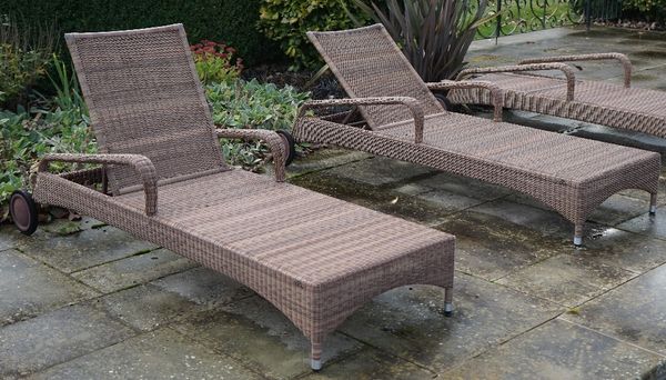 Expormim; a pair of pool side reclining loungers with loose green cushions.207cm long x 32cm high