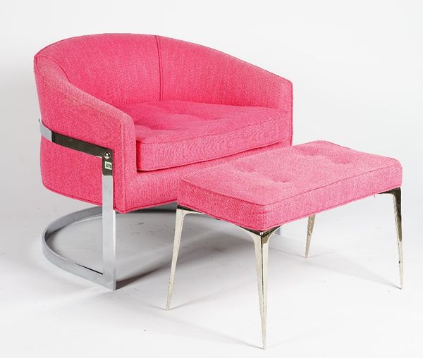 A barrel chair, the curved chrome frame with hot pink upholstery and button-down loose cushion, and a similar footstool, chair 76cm wide x 67cm high,