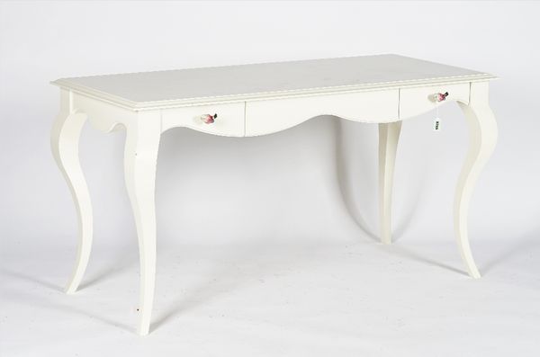 A white painted dressing table, with two drawers to the frieze, on cabriole legs, 142cm wide x 73cm high.