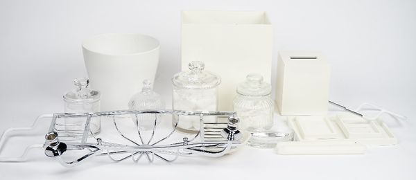 A chromium plated bath rack, with candle and soap holder and various bathroom accessories (qty).