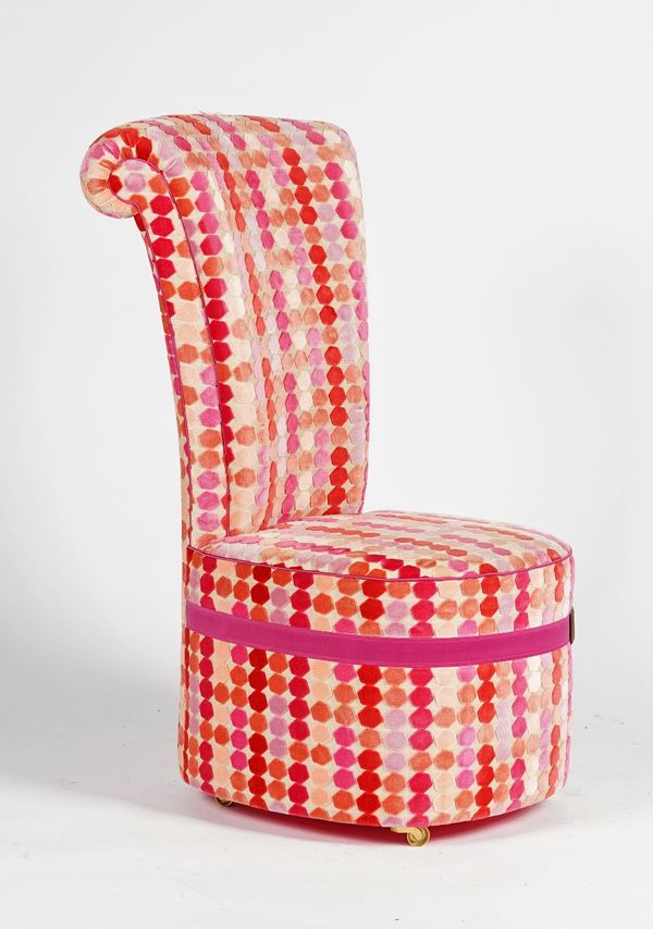 A side chair, with roll-over back, upholstered in bright coloured cut velvet polka-dot fabric, 61cm wide x 97cm high.