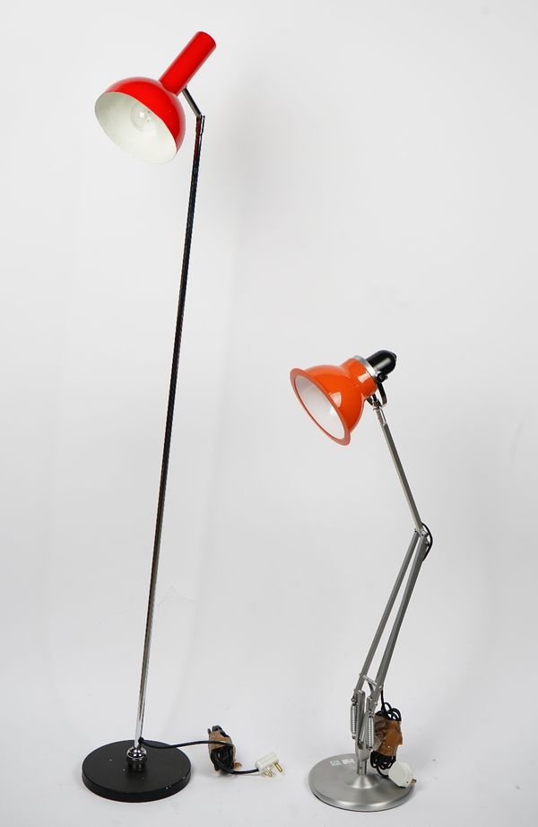 A chromium floor standing lamp, with red shade and, an angle poise desk lamp with brushed finish (2), standing lamp; 148cm high, desk lamp 98cm high