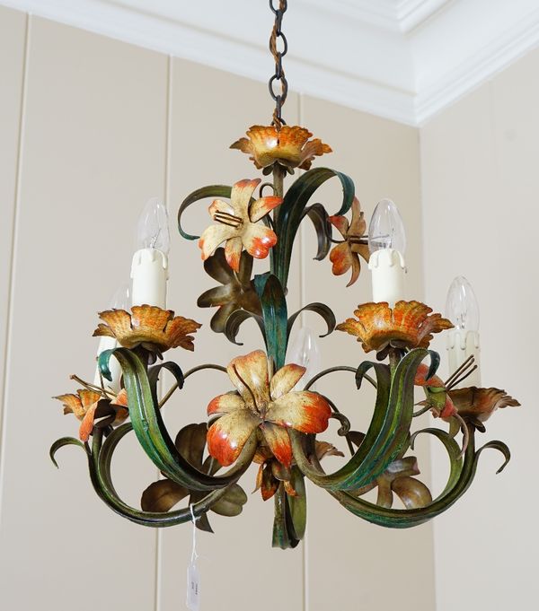 A wrought metal five light chandelier, polychrome painted with scrolling flower head branches, 43cm high.