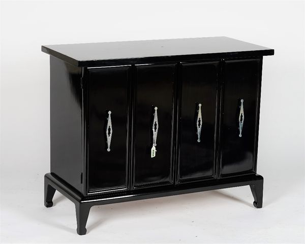 A black high gloss dwarf cabinet, enclosed by a pair of doors, 90cm wide x 72cm high.