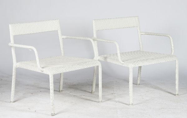 Exporimim; a set of four white woven low armchairs and two low egg shape tables, the chairs 76cm wide x 76cm high, (6).